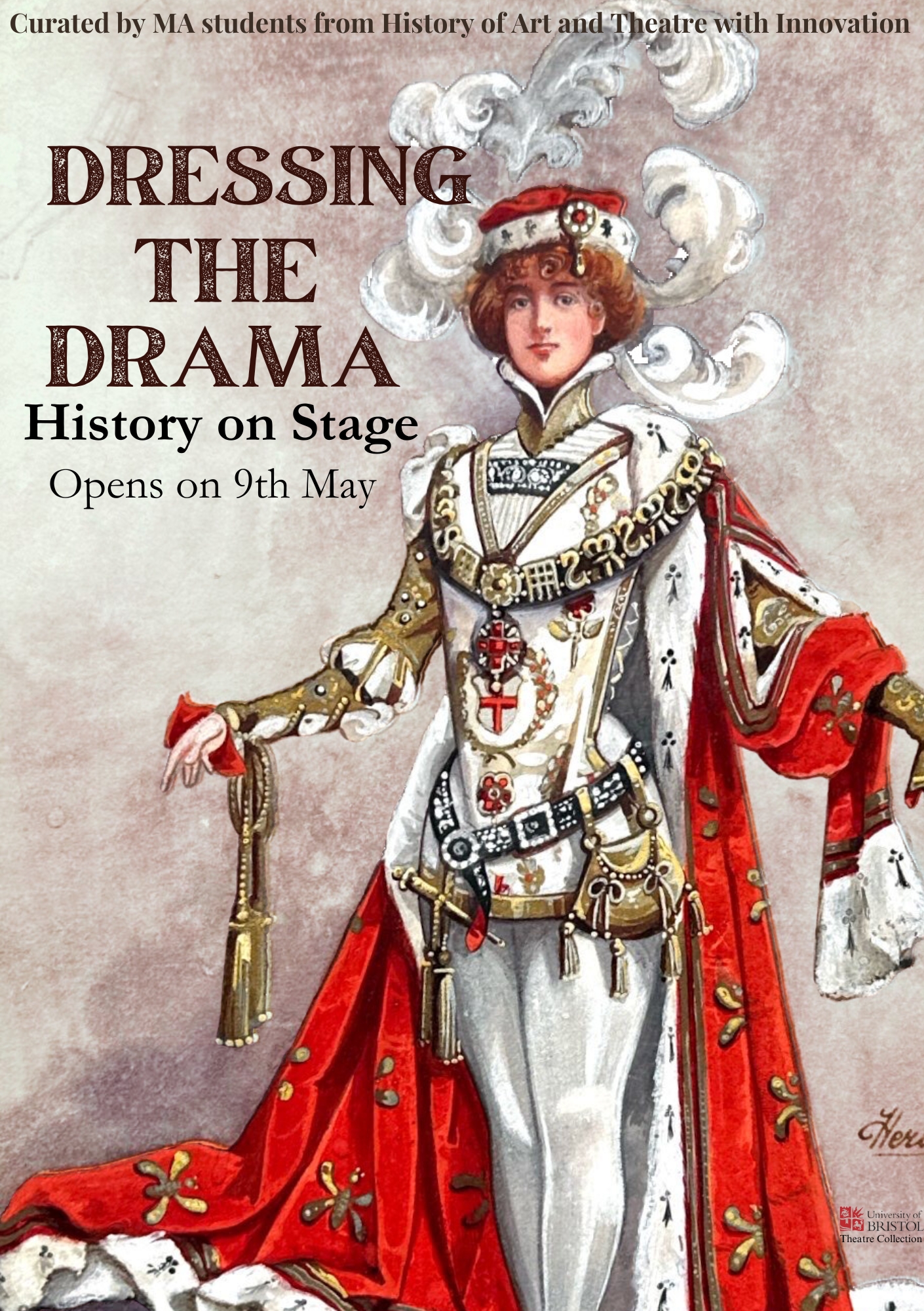 an illustrated poster for the exhibition Dressing the Drama with a drawing of an actor in Jacobean dress